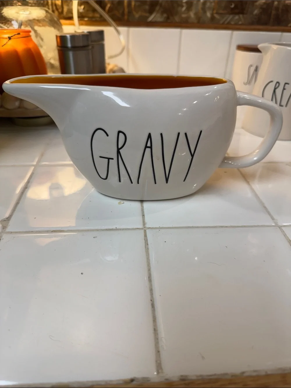 Rae Dunn Style White Gravy Boat with Amber Interior